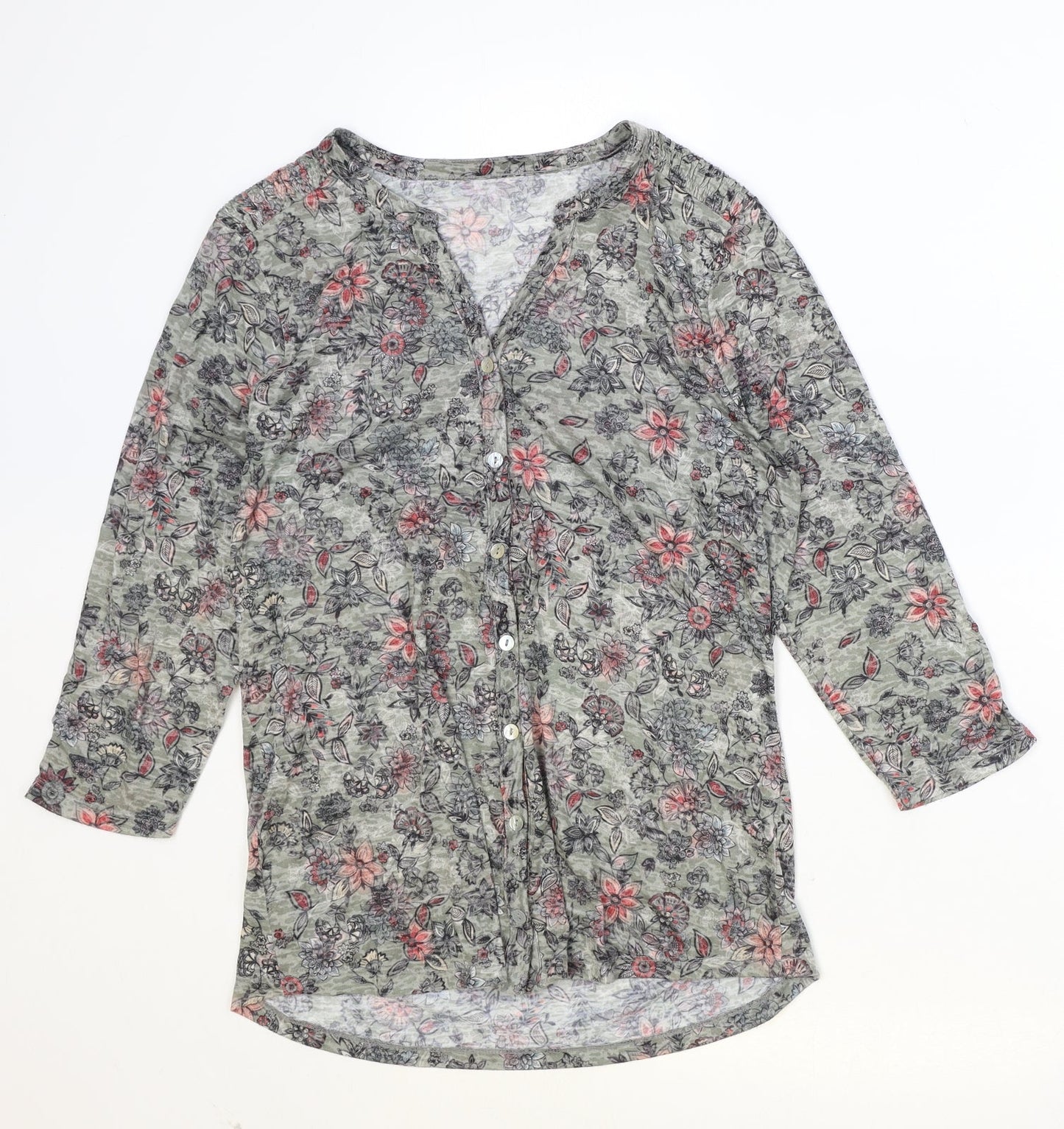 M&Co Womens Green Floral Polyester Basic Button-Up Size 12 V-Neck