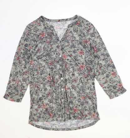 M&Co Womens Green Floral Polyester Basic Button-Up Size 12 V-Neck