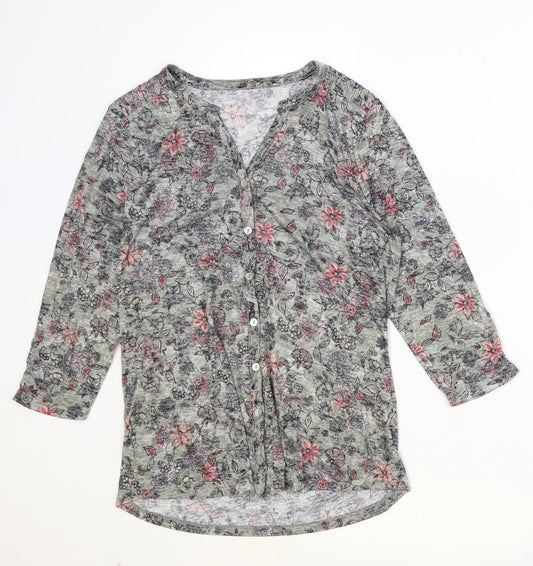 M&Co Womens Green Floral Polyester Basic Button-Up Size 12 V-Neck