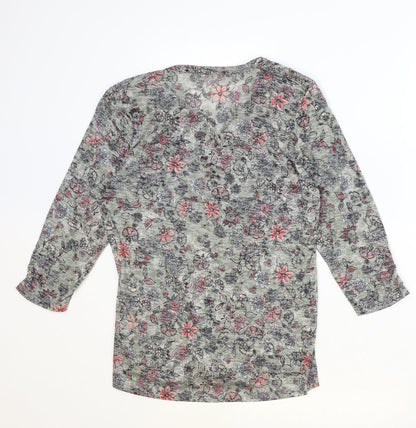 M&Co Womens Green Floral Polyester Basic Button-Up Size 12 V-Neck