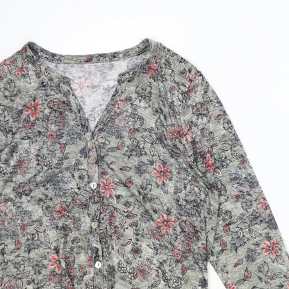 M&Co Womens Green Floral Polyester Basic Button-Up Size 12 V-Neck