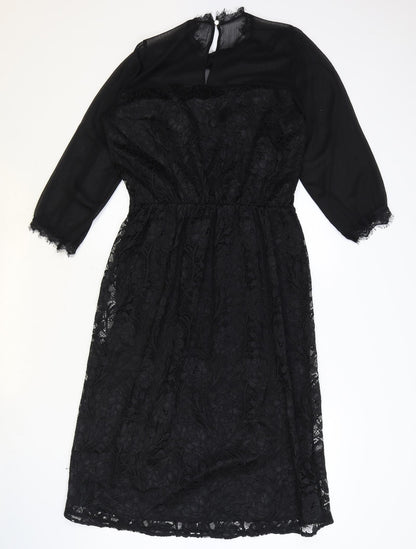 Oasis Womens Black Geometric Polyester A-Line Size M Round Neck Button