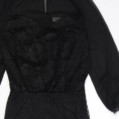 Oasis Womens Black Geometric Polyester A-Line Size M Round Neck Button