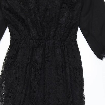 Oasis Womens Black Geometric Polyester A-Line Size M Round Neck Button