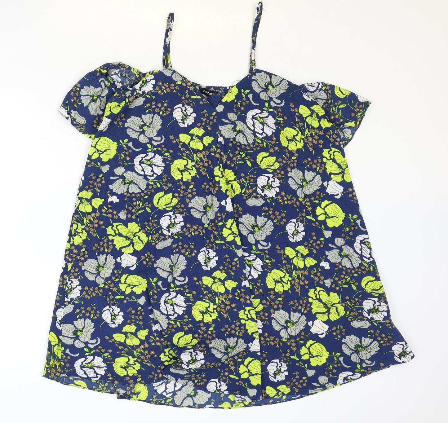 Boohoo Womens Blue Floral Polyester Basic Blouse Size 8 V-Neck