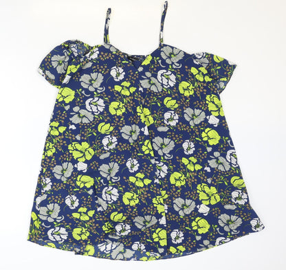 Boohoo Womens Blue Floral Polyester Basic Blouse Size 8 V-Neck