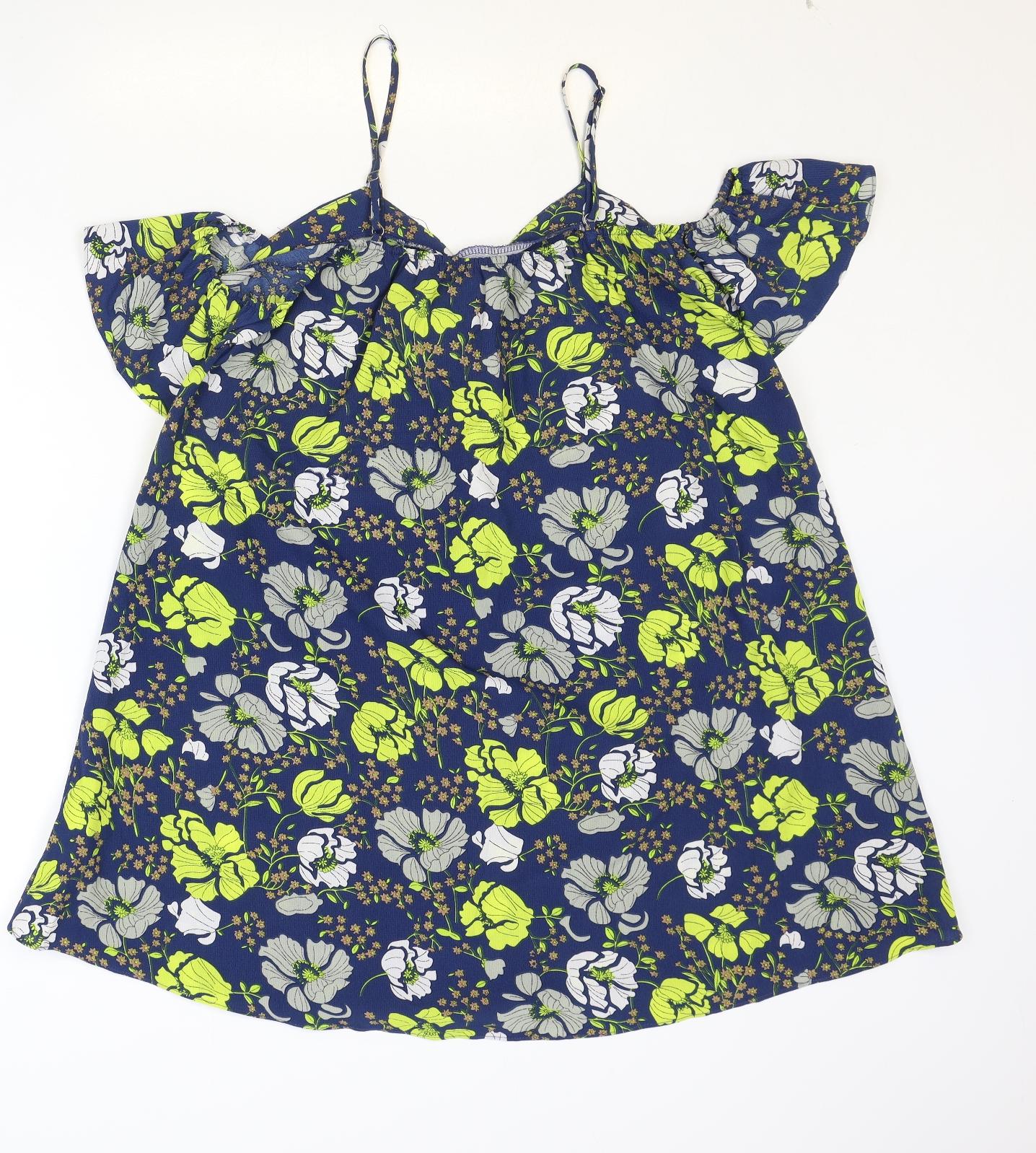 Boohoo Womens Blue Floral Polyester Basic Blouse Size 8 V-Neck