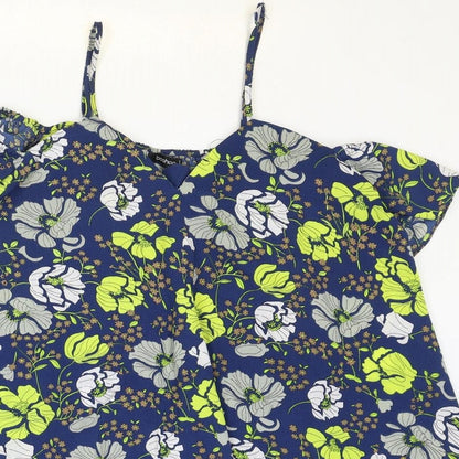 Boohoo Womens Blue Floral Polyester Basic Blouse Size 8 V-Neck