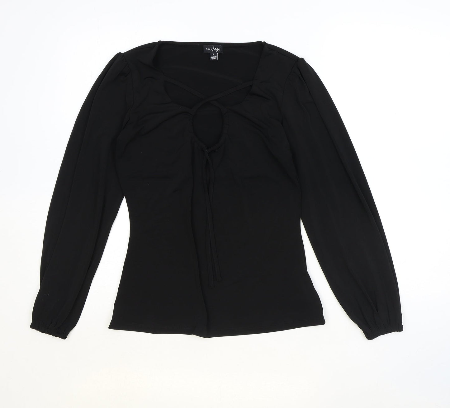Por Moi Womens Black Polyester Basic Blouse Size 8 V-Neck
