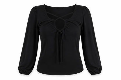 Por Moi Womens Black Polyester Basic Blouse Size 8 V-Neck