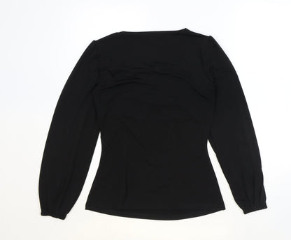 Por Moi Womens Black Polyester Basic Blouse Size 8 V-Neck