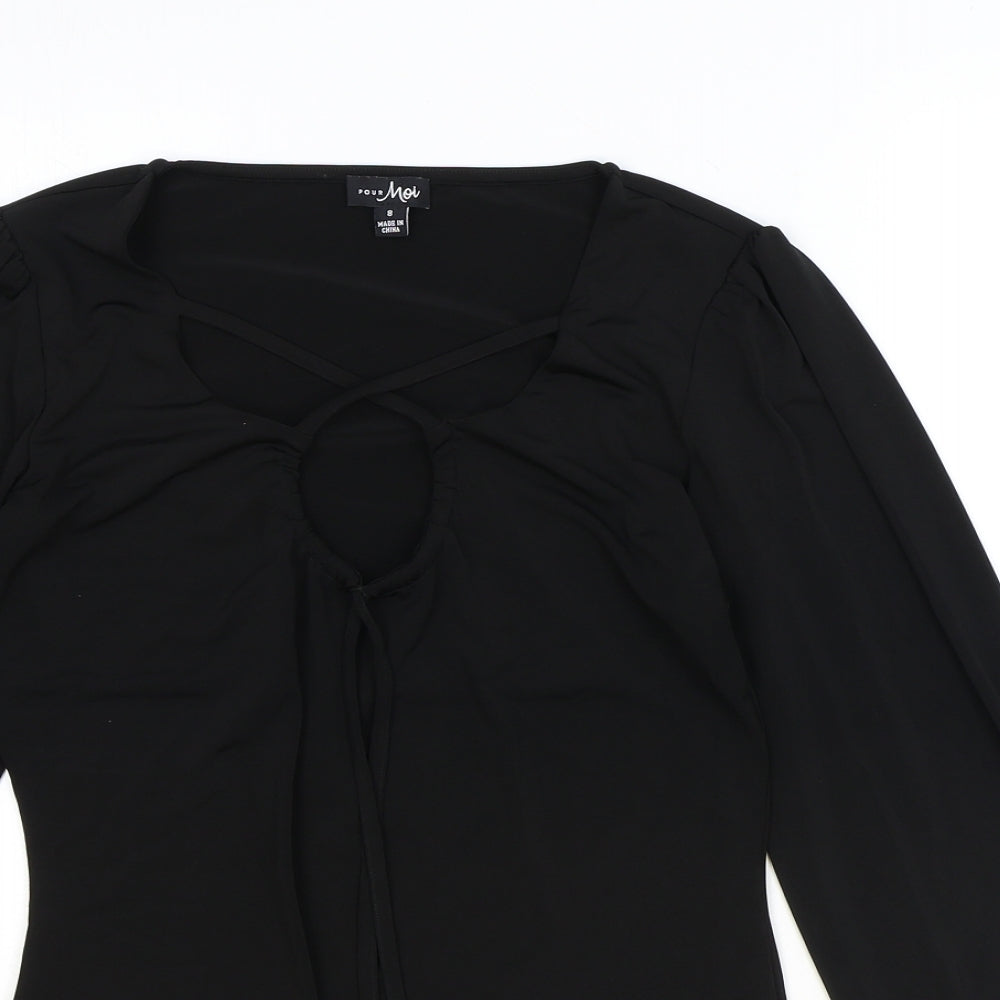 Por Moi Womens Black Polyester Basic Blouse Size 8 V-Neck
