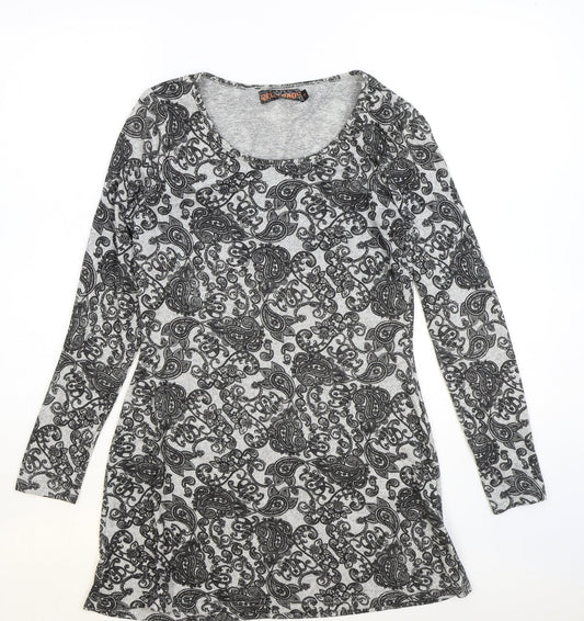 QED London Womens Grey Paisley Polyester A-Line Size M Scoop Neck Pullover