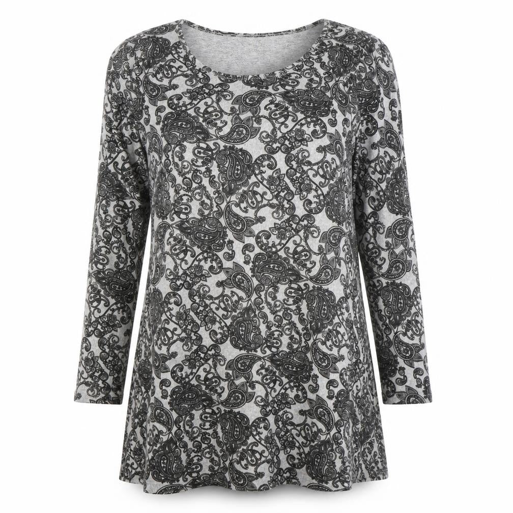 QED London Womens Grey Paisley Polyester A-Line Size M Scoop Neck Pullover