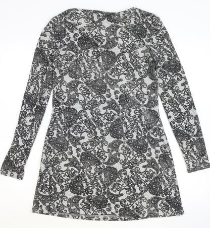 QED London Womens Grey Paisley Polyester A-Line Size M Scoop Neck Pullover