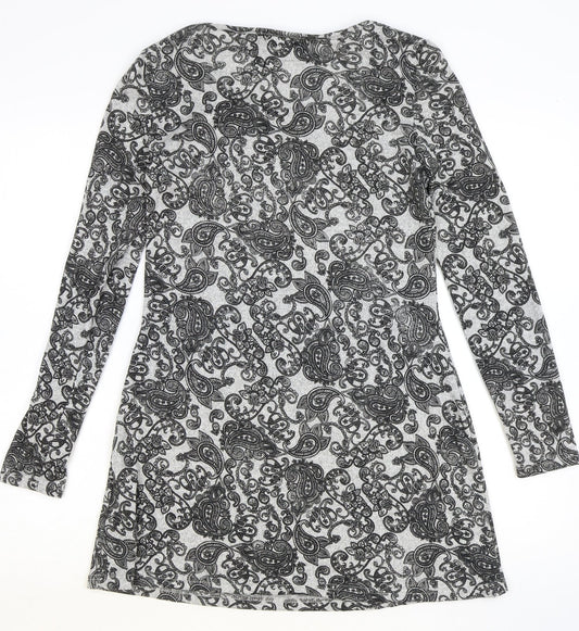 QED London Womens Grey Paisley Polyester A-Line Size M Scoop Neck Pullover