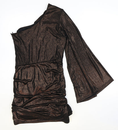 Zara Womens Gold Polyester Bodycon Size S One Shoulder Zip