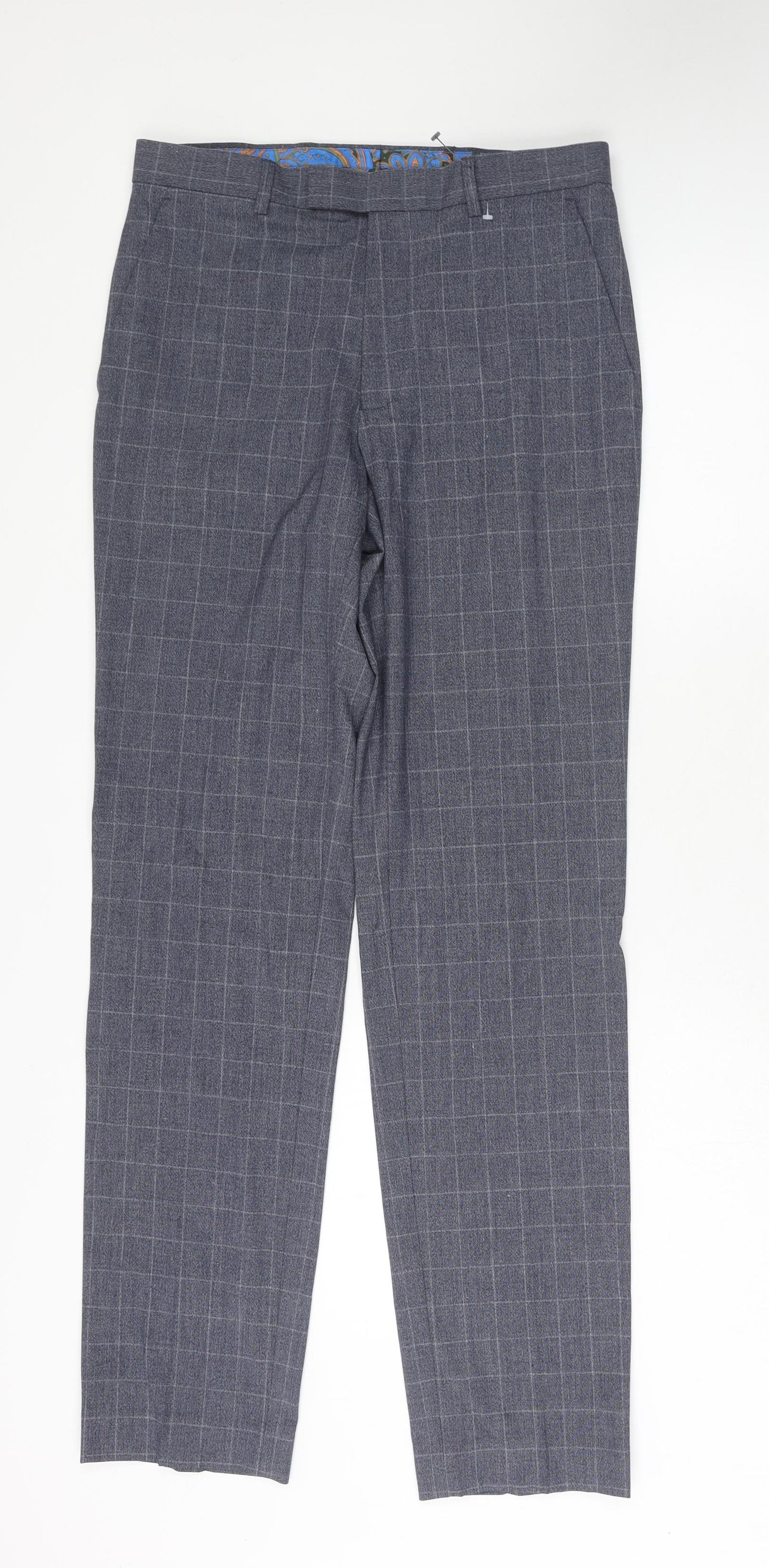Marks and Spencer Mens Blue Check Polyester Trousers Size 30 in L33 in Regular Hook & Eye