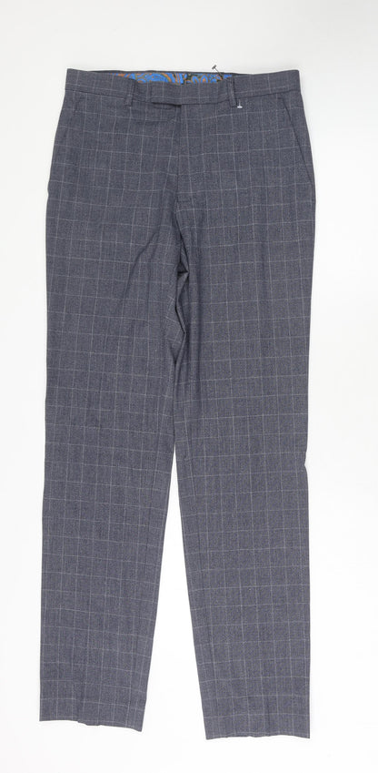 Marks and Spencer Mens Blue Check Polyester Trousers Size 30 in L33 in Regular Hook & Eye