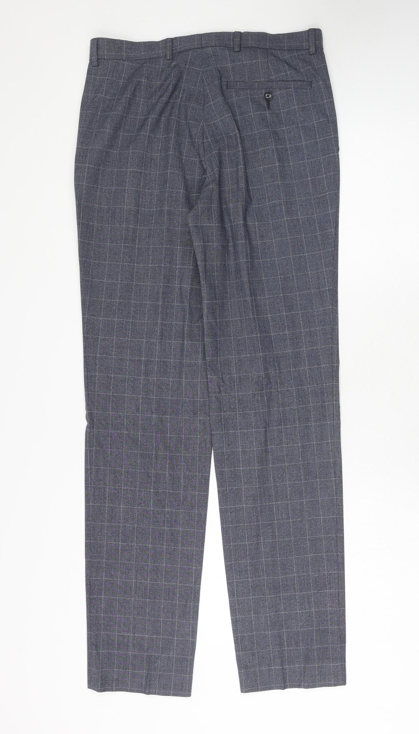 Marks and Spencer Mens Blue Check Polyester Trousers Size 30 in L33 in Regular Hook & Eye
