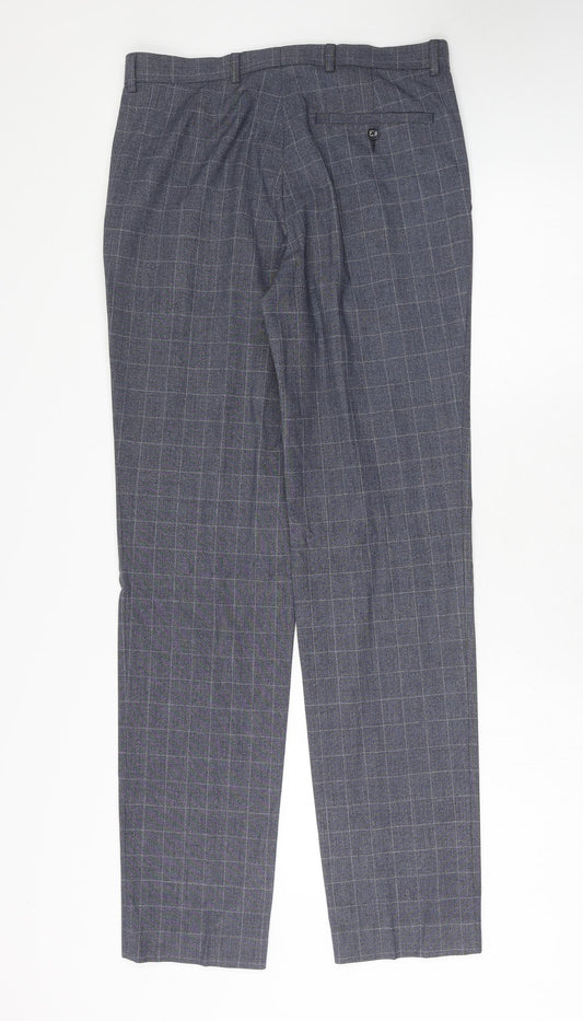 Marks and Spencer Mens Blue Check Polyester Trousers Size 30 in L33 in Regular Hook & Eye