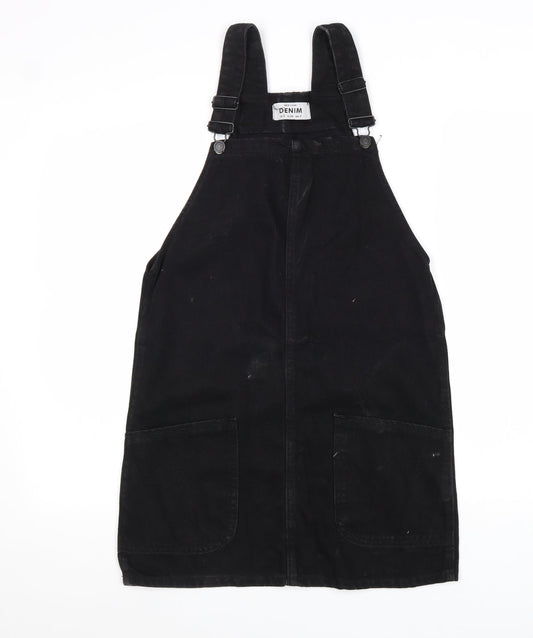 New Look Womens Black Cotton Pinafore/Dungaree Dress Size 6 Square Neck Buckle