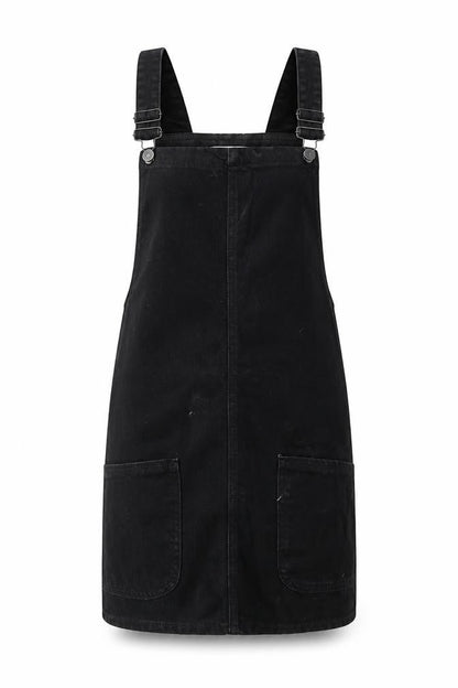 New Look Womens Black Cotton Pinafore/Dungaree Dress Size 6 Square Neck Buckle