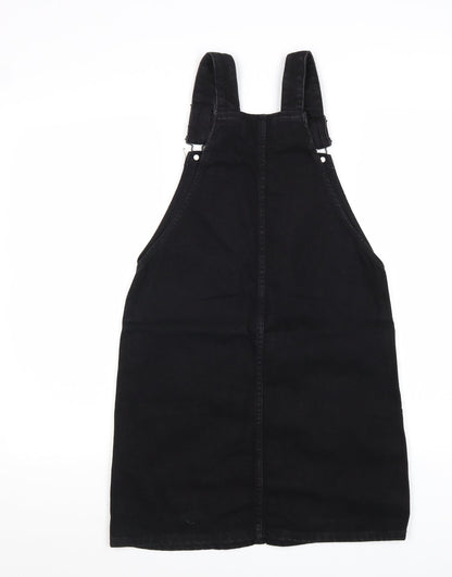 New Look Womens Black Cotton Pinafore/Dungaree Dress Size 6 Square Neck Buckle
