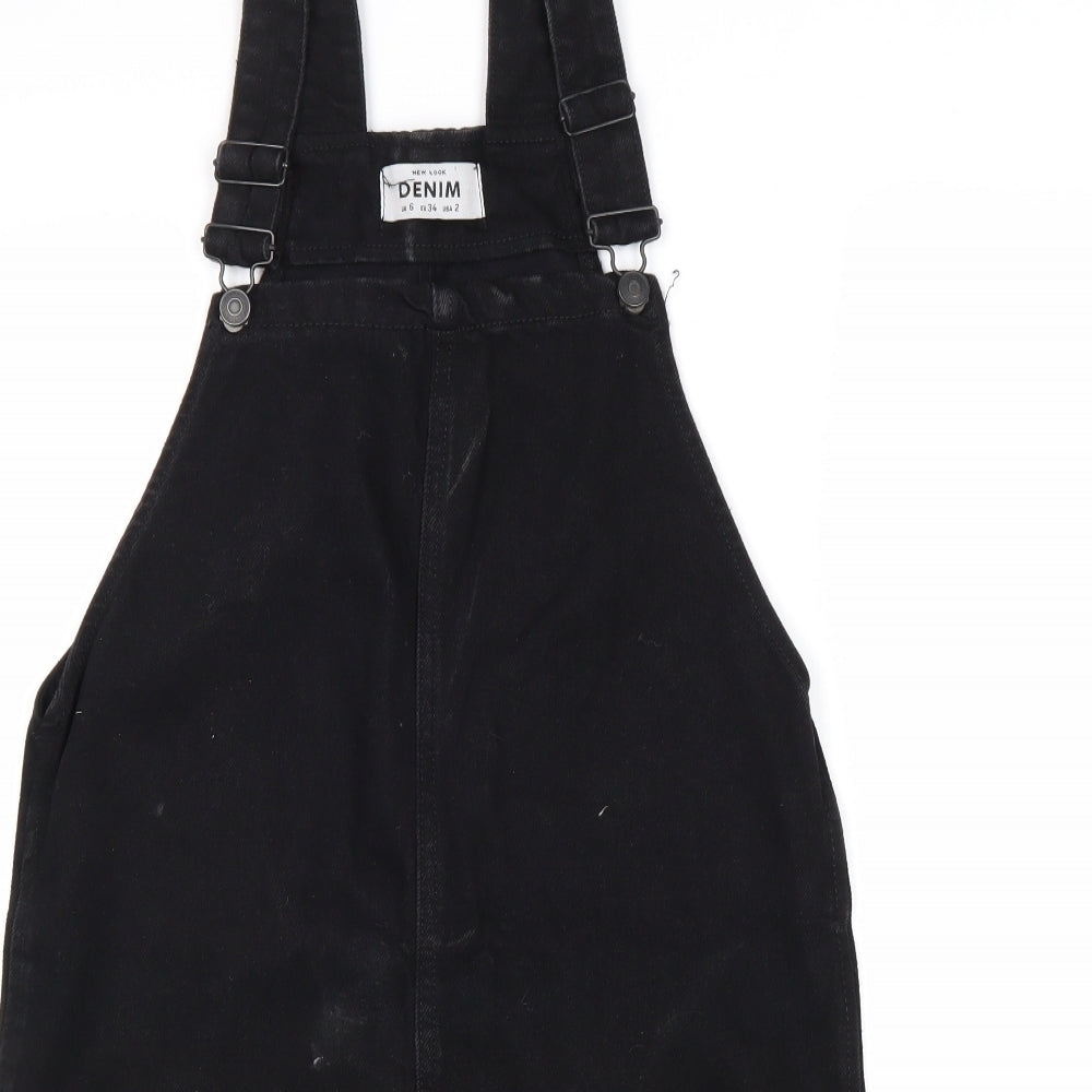 New Look Womens Black Cotton Pinafore/Dungaree Dress Size 6 Square Neck Buckle