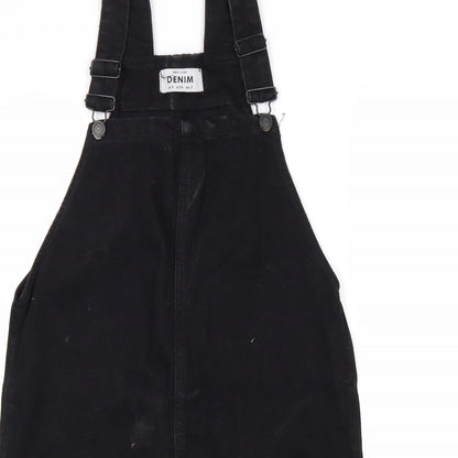 New Look Womens Black Cotton Pinafore/Dungaree Dress Size 6 Square Neck Buckle