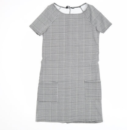 New Look Womens Black Plaid Polyester Shift Size 6 Scoop Neck Pullover