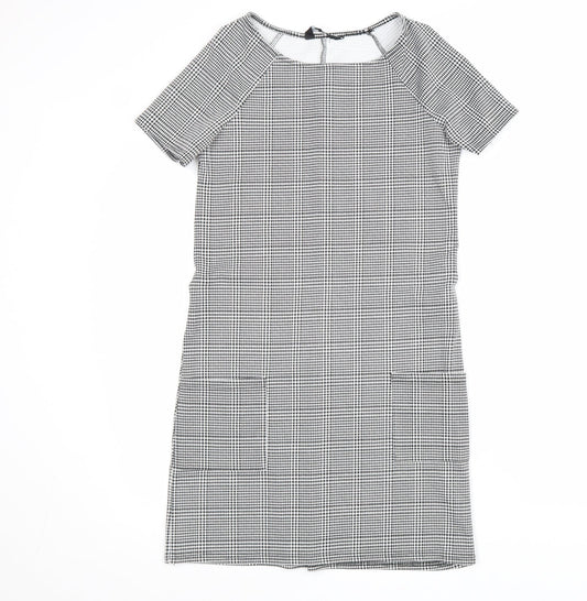 New Look Womens Black Plaid Polyester Shift Size 6 Scoop Neck Pullover