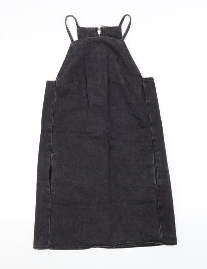 Topshop Womens Black Cotton Pinafore/Dungaree Dress Size 6 Square Neck Zip