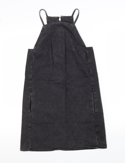 Topshop Womens Black Cotton Pinafore/Dungaree Dress Size 6 Square Neck Zip
