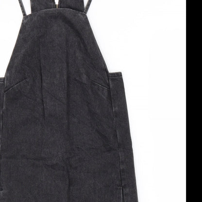 Topshop Womens Black Cotton Pinafore/Dungaree Dress Size 6 Square Neck Zip
