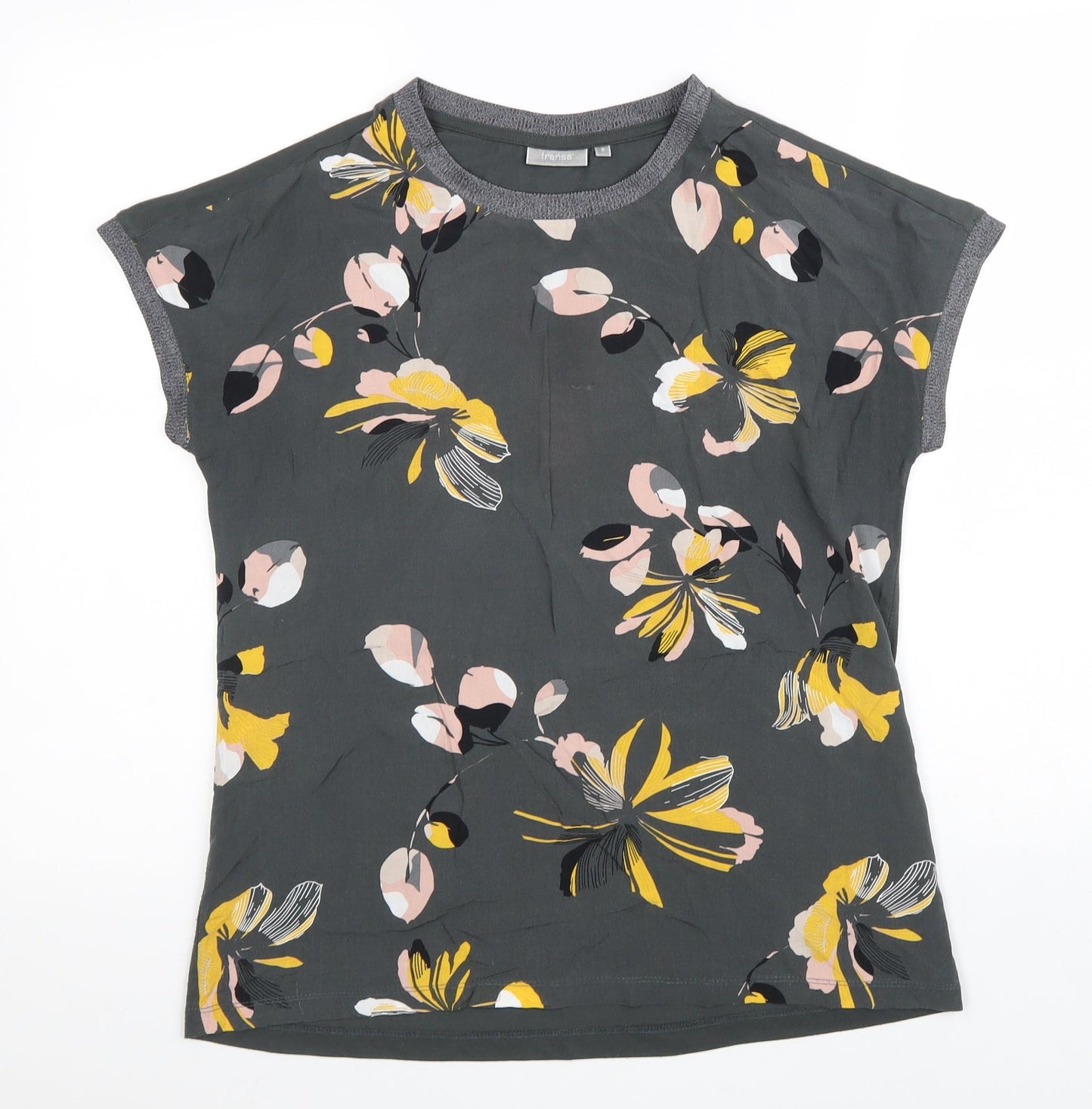 Fransa Womens Green Floral Polyester Basic T-Shirt Size S Round Neck