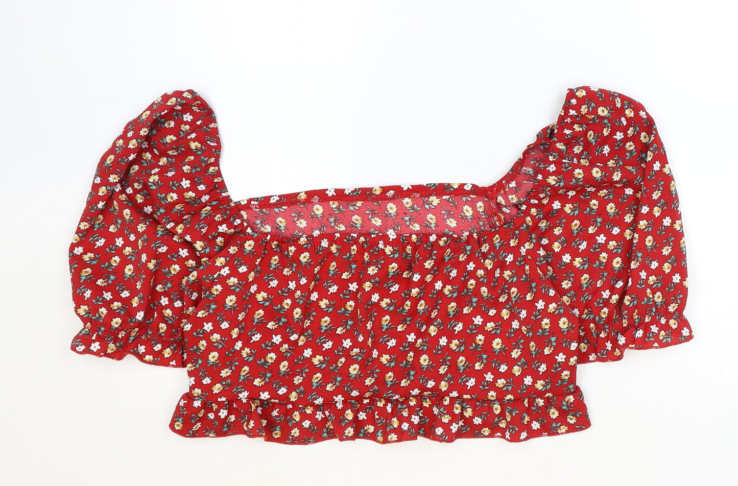 SheIn Womens Red Floral Polyester Cropped Blouse Size 2XL Boat Neck