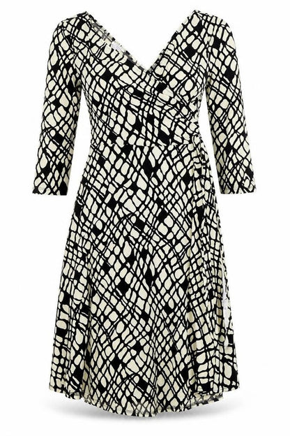 London Times Womens Beige Geometric Polyester Fit & Flare Size 10 V-Neck Pullover