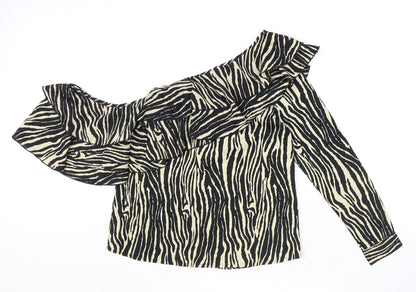 Boohoo Womens Beige Animal Print Polyester Basic Blouse Size 10 One Shoulder - Zebra Pattern