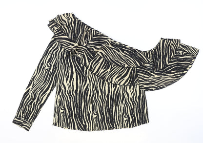 Boohoo Womens Beige Animal Print Polyester Basic Blouse Size 10 One Shoulder - Zebra Pattern