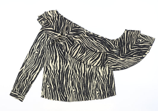 Boohoo Womens Beige Animal Print Polyester Basic Blouse Size 10 One Shoulder - Zebra Pattern