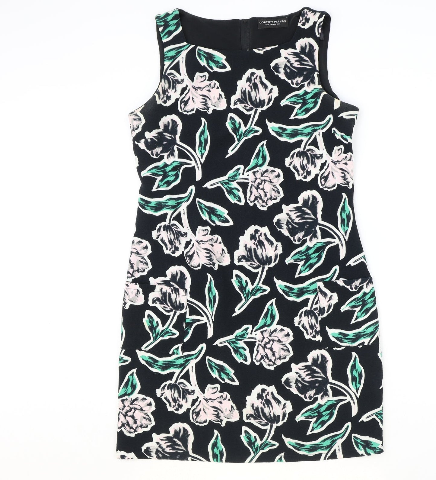 Dorothy Perkins Womens Black Floral Polyester Pencil Dress Size 12 Round Neck Zip