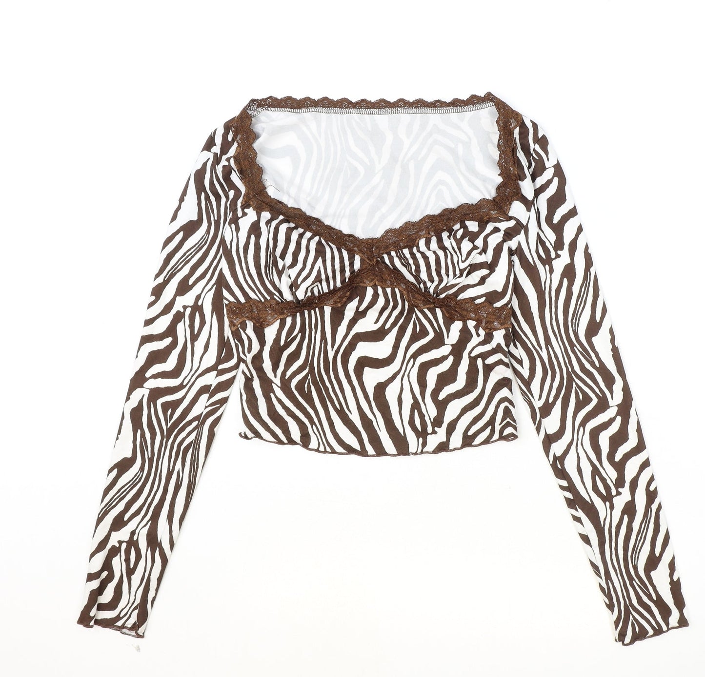 SheIn Womens Brown Animal Print Polyester Cropped Blouse Size S Square Neck - Tiger Print Lace Detail