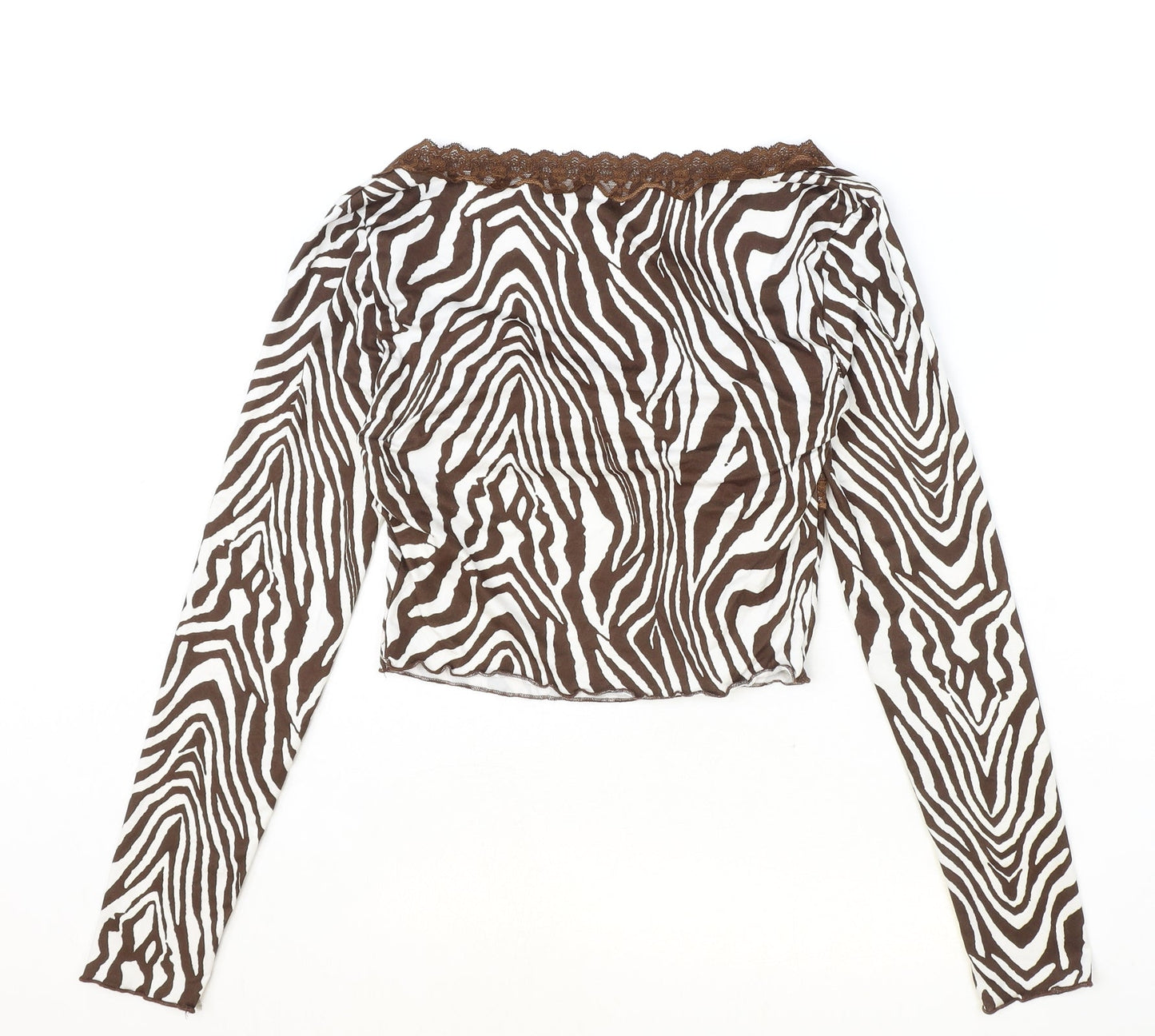 SheIn Womens Brown Animal Print Polyester Cropped Blouse Size S Square Neck - Tiger Print Lace Detail