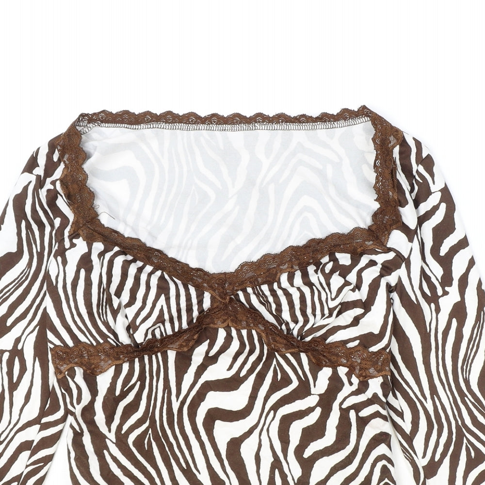 SheIn Womens Brown Animal Print Polyester Cropped Blouse Size S Square Neck - Tiger Print Lace Detail