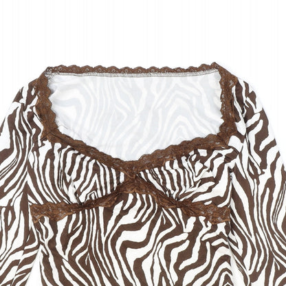 SheIn Womens Brown Animal Print Polyester Cropped Blouse Size S Square Neck - Tiger Print Lace Detail