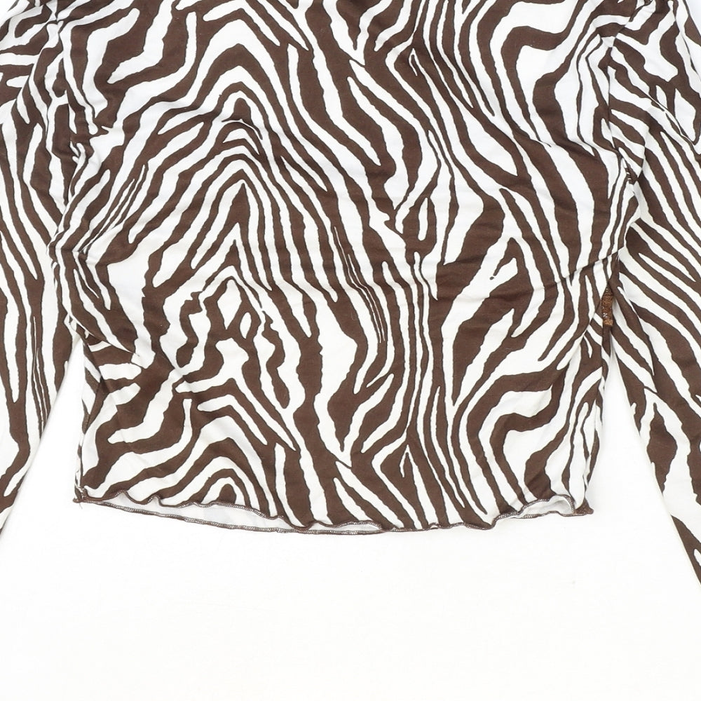 SheIn Womens Brown Animal Print Polyester Cropped Blouse Size S Square Neck - Tiger Print Lace Detail
