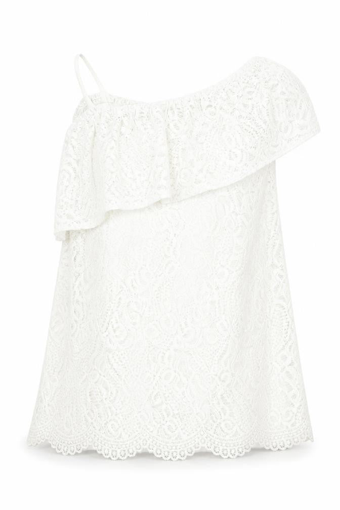 Front view of River Island girls’ ivory polyester basic blouse, size 11-12, years off the shoulder pullover