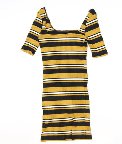 New Look Womens Yellow Striped Polyester Pencil Dress Size 10 Square Neck Pullover