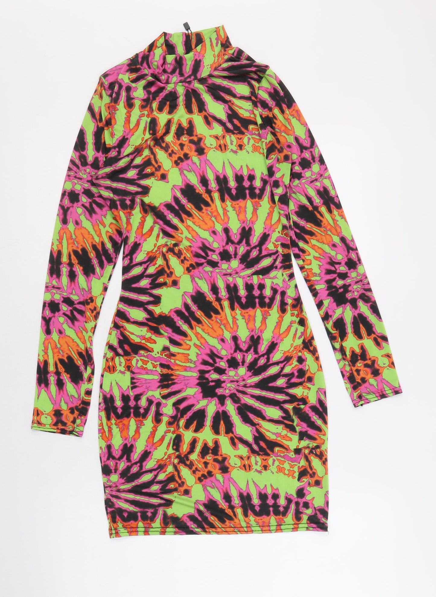 PRETTYLITTLETHING Womens Multicoloured Geometric Viscose Bodycon Size 6 Mock Neck Pullover